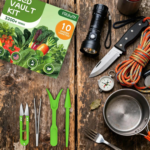 10 Heirloom Vegetable Seeds Variety Pack With 3200 Seeds For Indoor Outdoor Garden, Easy To Grow Starter Kit box with gardening tools and outdoor gear.
