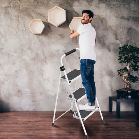 350 Lb Capacity 3 Step Folding Ladder With Non Slip Feet And Offset Legs Anti Slip Wide Steps And Handgrip ANSI Certified Lightweight Aluminum Stepping Stool For Kitchen Home Office And Garage, man on ladder
