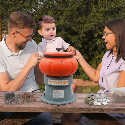 Family using 18 Lbs Vibratory Tumbler Polishing Machine For Metal Parts With Walnut Shell Media Super Easy To Use Rust Removal Smooth Finish Durable 120V 60Hz Bench Top Buffing And Deburring Tool For Small Shops And DIY on table outdoors.
