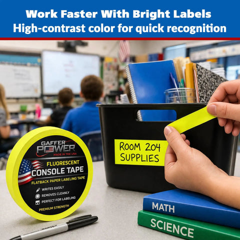 Person using Neon Fluorescent Yellow Labeling Tape With Clean Removable Adhesive on a supply bin in a classroom.
