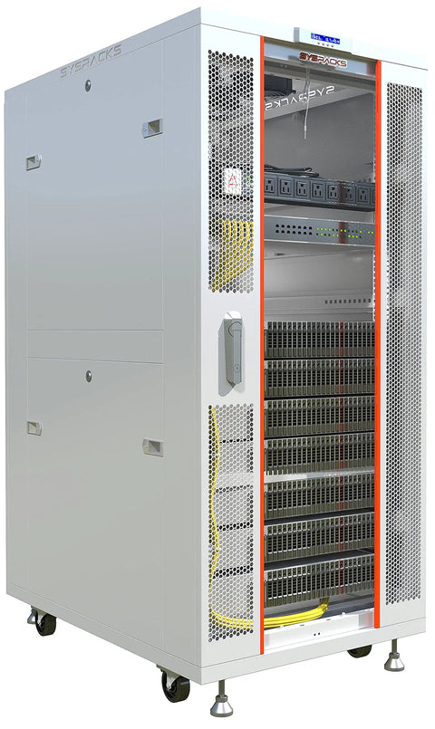 Beast Mode 32U Gray Floor Standing Server Rack Cabinet 35 Inch Deep with removable side panels and glass door.