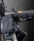0.5mm AX-Suede Tactical Gloves With Tight Fit And Precision Feel For High Dexterity In Airsoft, Paintball, DIY And Work, Grippy Do-It-All Comfort With Secure All-Day Wear - Men's Large Black holding a tactical firearm