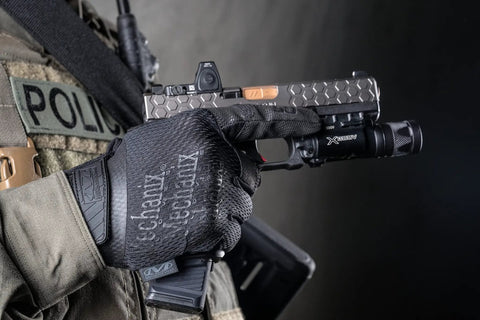 0.5mm AX-Suede Tactical Gloves With Tight Fit And Precision Feel For High Dexterity In Airsoft, Paintball, DIY And Work, Grippy Do-It-All Comfort With Secure All-Day Wear - Men's Large Black holding a tactical firearm