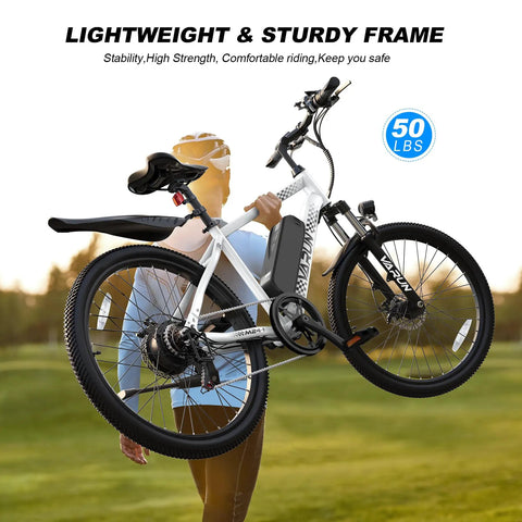 Beast Of An All Terrain Electric Bike For Adults With 500W Peak Motor 20 MPH shown outdoors, 24-inch wheels, lightweight frame