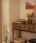 Two Pack 3 Inch Bronze Vintage Antique Style Drawer Pull Handles on wood dresser in cozy room setting.