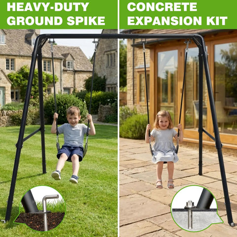 Beefed Up Heavy Duty Porch Swing Stand With Adjustable Height A Frame For Outdoor Patio Garden Deck Holds 440 Lbs Universal Swing Frame for Hammock Chair and Bench Black, shown installed with two swings on grass and stone surfaces.