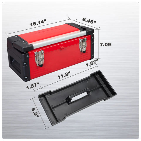 Heavy Duty 16 Inch Steel Tool Box With Aluminum Alloy Handle Double Lock Removable Tray dimensions