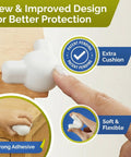 Tot Approved Silicone Corner Protectors For Baby Proofing Tables And Desks Using Heavy Duty Peel And Stick System To Cushion Hard Hits And Shield Rowdy Kids From Sharp Edges In Crisp White 12, showing soft and flexible design being applied.
