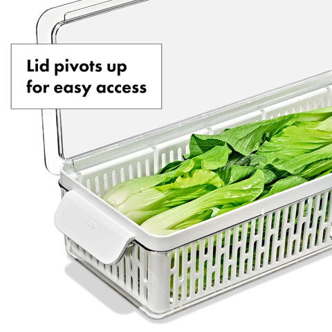 Produce Saver Bin With Adjustable Divider For Fresh Produce Storage In Fridge Medium White BPA Free Organizer holding greens