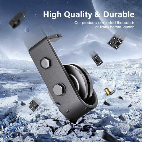 High-quality black roller for 52 inch Bifold Barn Door Hardware Track Kit, showcasing durability and smooth operation in icy landscape background.