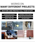Long Lasting Plastic Restorer For Cars And Interiors Rejuvenates Plastic Rubber And Vinyl Seals In A Rich Finish Safe On All Surfaces Easy Foam Applicator 8 Oz Kit That Feels Like New showcasing its versatility with applications on car interiors, bike tires, boats, shutters, and bumpers.