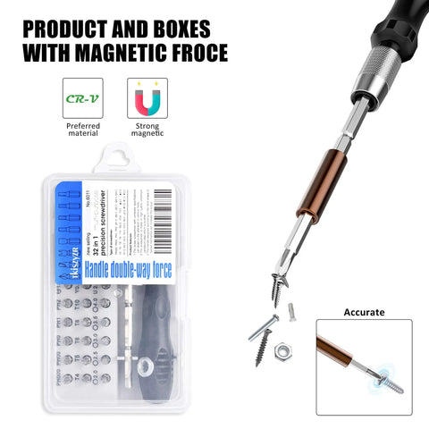 32-In-1 Mini Magnetic Precision Screwdriver Set With 30 Bits For Eyeglasses Phones Watches Laptops Computers And Toys A Must Have Compact Handy Tool Kit For Home Office And Electronics DIY showing magnetic force and bits in case.