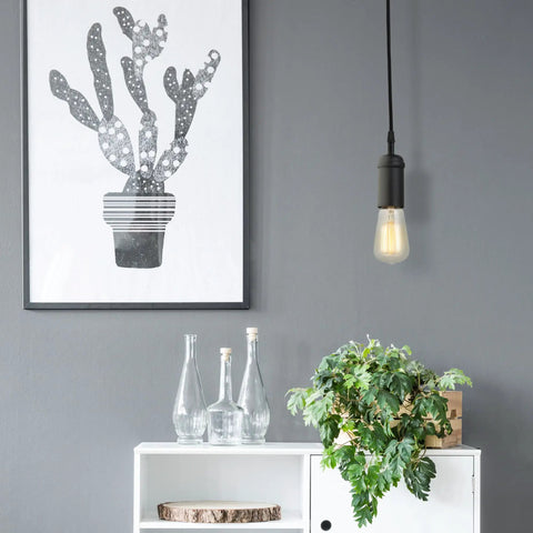 One Light Pendant With Matte Black Finish, Black Woven Fabric Cord, E26 Base Socket, Adjustable Hanging Length in a modern room