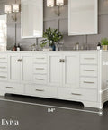 Straight Fire Premium 84 Inch Freestanding Double Sink White Bathroom Vanity With Solid Wood Build And Sleek Carrara Quartz Countertop, front view with mirrors and wall.