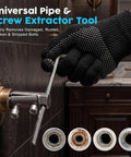 Universal Pipe & Screw Extractor Tool with black glove removing damaged bolts, designed for effective pipe repair.