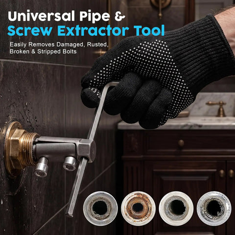 Universal Pipe & Screw Extractor Tool with black glove removing damaged bolts, designed for effective pipe repair.