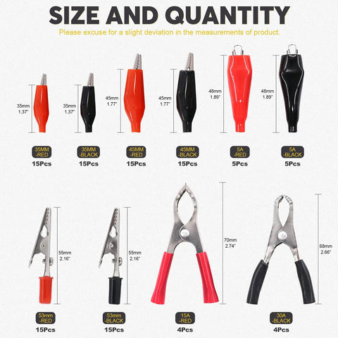 108 Piece 10 Type Metal Alligator Clip Clamp Kit With Red And Black Crocodile Clips, Protective Insulation Covers, 45mm And 53mm Sizes, Heavy Duty Test Clamps And Connectors For DIY And Professional Electrical Work displayed by sizes and colors