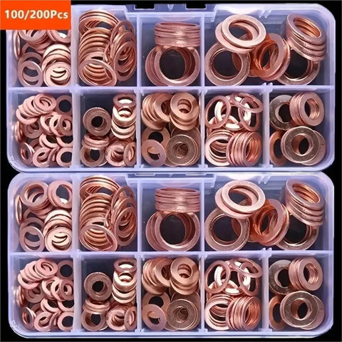 Killer Flat Copper Washers And Gasket Kit With Heavy Duty Bolts And Nuts Size M8 To M14 Fits Car Sump Plug Oil Drain Easily And Securely Heat Proof Construction Ensures Reliability For Mechanic Guys Doing Home Garage Projects At Low Cost. copper washer kit in organizer tray, M8-M14