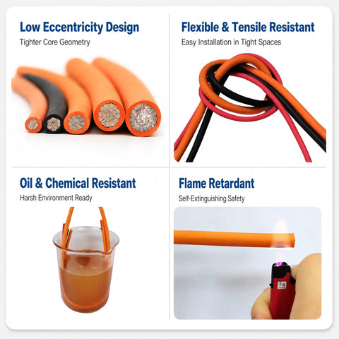 Heavy Duty Ev Charging Cable 32 Ft 2 Awg High Voltage Xlpe Insulated EVSE Charge Cord For 1500 Vdc shown with flexible, flame retardant design.