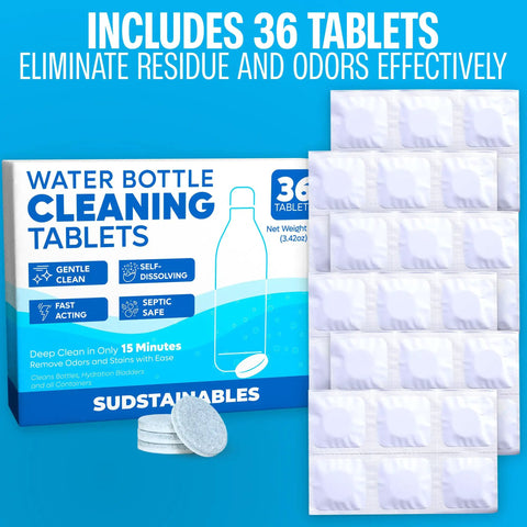 Water Bottle Cleaner Tablets 36 Pack No Chlorine Odor Control Formula with packaging showing 36 tablets