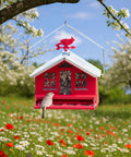 Country House Squirrel Proof Bird Feeder With Weathervane 8 Lb Seed Capacity All Metal Durable Construction Easy Fill Outdoor Feeder Rustic Red Backyard Decor For Birds hanging from tree