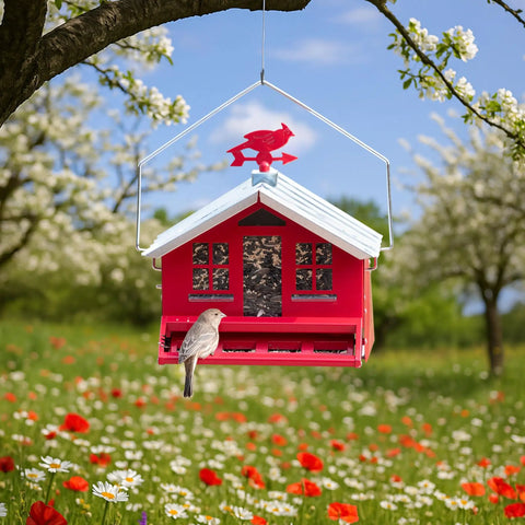 Country House Squirrel Proof Bird Feeder With Weathervane 8 Lb Seed Capacity All Metal Durable Construction Easy Fill Outdoor Feeder Rustic Red Backyard Decor For Birds hanging from tree