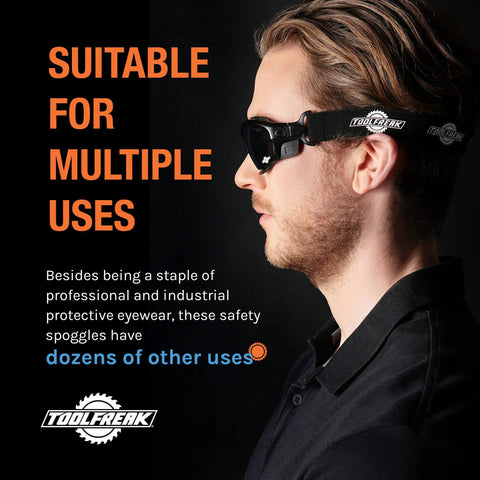 Side view of model wearing Spoggles All-In-One Protective Eyewear With Foam Padding, highlighting comfortable fit and multiple uses.