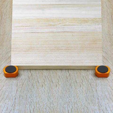 Wood board supported by Beefy Heavy Duty Aluminum Bench Dogs 8 Pack For MFT Workbench And Woodworking Projects Non Slip Bench Dog Clamps For Precise Holds In Three Quarters Inch Holes Durable Orange 19mm Set For DIY Pros