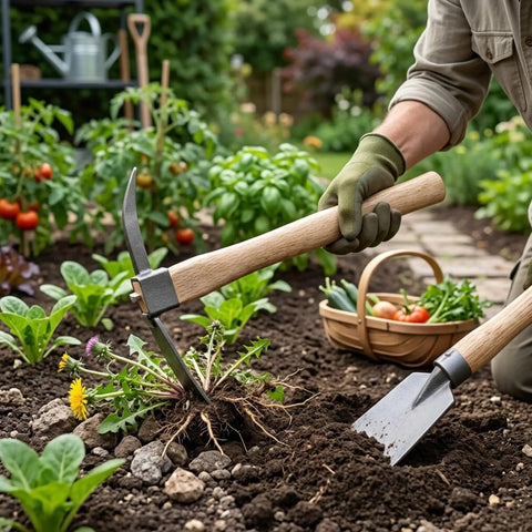 Person using 2 In 1 Garden Hoe And Pickaxe Heavy Duty Weeding And Digging Tool With Wood Handle for removing weeds in garden