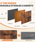 Exploded view of 3-tier design for 7 Drawer Dresser With Fabric Bins showing MDF, polyester, and handles.