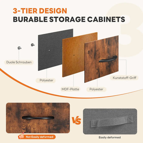 Exploded view of 3-tier design for 7 Drawer Dresser With Fabric Bins showing MDF, polyester, and handles.