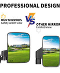 Comparison of universal golf cart side mirrors, wider view with no drilling needed, 180 degree folding, for square tube carts.