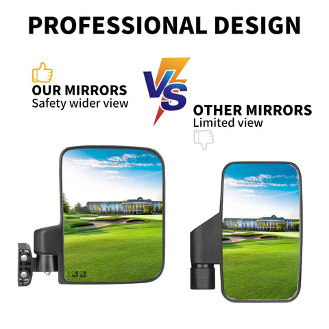 Comparison of universal golf cart side mirrors, wider view with no drilling needed, 180 degree folding, for square tube carts.