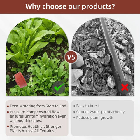 Comparison of plant watering with 30 Pack 1 GPH Pressure Compensating Drip Emitters versus traditional hose system.