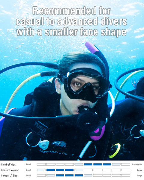Diver wearing Freedom Tina Snorkel Mask with Low Profile One Window Design in blue waters, suitable for youth snorkelers.