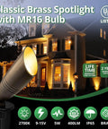 Beefy Solid Brass Landscape Spotlight With 5W MR16 LED Bulb illuminating a large home at night, low voltage uplight, 12V AC DC