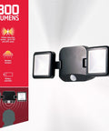 Wireless Battery Operated Outdoor LED Flood Light Two Head Security Spotlight with 800 Lumens displayed on a red background.