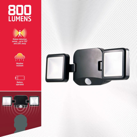 Wireless Battery Operated Outdoor LED Flood Light Two Head Security Spotlight with 800 Lumens displayed on a red background.