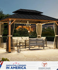 Hard Top Gazebo 10x14 With Double Galvanized Steel Roof, 4 LED Lights, Mosquito Nettings, Wood Grain Patio Shelter