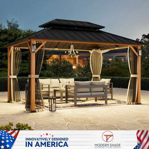 Hard Top Gazebo 10x14 With Double Galvanized Steel Roof, 4 LED Lights, Mosquito Nettings, Wood Grain Patio Shelter