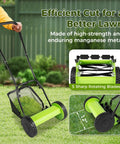 12 Inch Push Reel Lawn Mower With Adjustable Cutting Height From 0.67 To 1.3 Inches And 5 Blade Power For Effortless, Clean Cuts And Quick Yard Maintenance On Weekends, green steel reel mower on grass