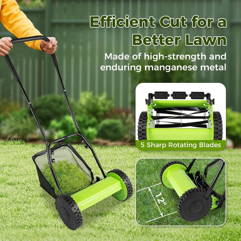 12 Inch Push Reel Lawn Mower With Adjustable Cutting Height From 0.67 To 1.3 Inches And 5 Blade Power For Effortless, Clean Cuts And Quick Yard Maintenance On Weekends, green steel reel mower on grass