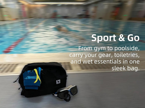 Teal Travel Toiletry Bag 5L Compact Organizer With Waterproof Wet Dry Compartment by a pool with goggles and swimwear.