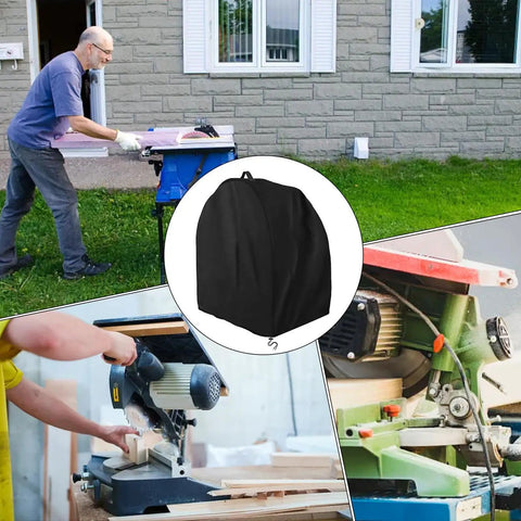 Heavy Duty Miter Saw Cover Waterproof Dust Shield Top Shelf Shop Bag Drawstring Locks for snug fit on tools at worksite.