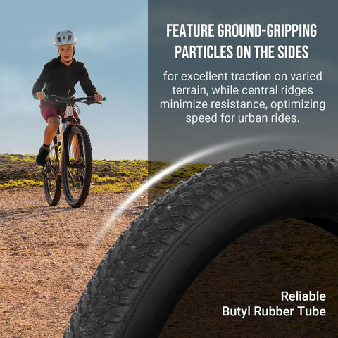 Close-up of 18 Inch Bike Tire And Tube Replacement Set with tread texture, featuring ground-gripping particles, AV 32mm Schrader Valve.