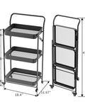 No Tools Needed Foldable Rolling Cart With Three Tiers In Black Metal Finish, Easy Unfold And Lock Setup, shows cart dimensions.