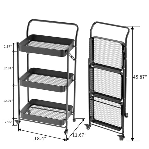 No Tools Needed Foldable Rolling Cart With Three Tiers In Black Metal Finish, Easy Unfold And Lock Setup, shows cart dimensions.