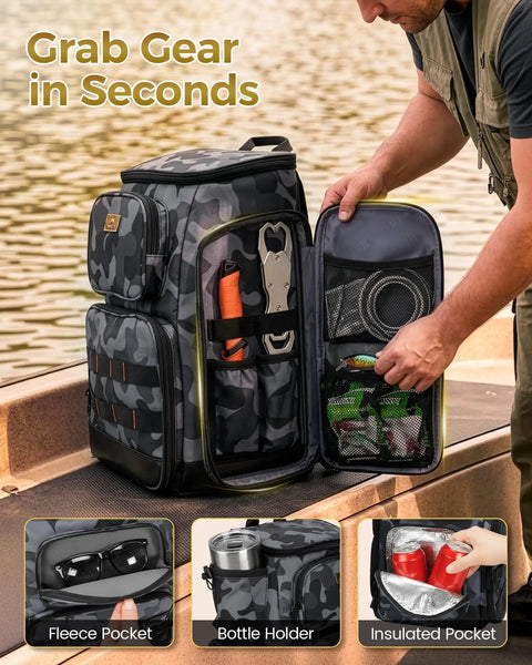 All Day Angler Fishing Backpack With Four Tackle Boxes And Rod Holders, water resistant, open showing storage compartments on a boat