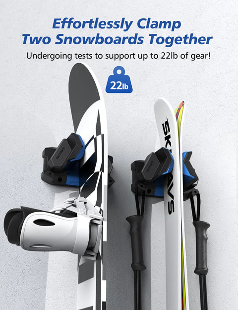 Ditch The Clutter With This Heavy Duty Ski And Snowboard Wall Rack For Garage Space Saving Storage Holds Six Boards Securely With Nonslip Soft Rubber Pads Keeps Your Winter Rides Grab And Go Ready, displaying two snowboards clamped together.