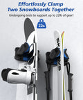 Durable Ski Wall Rack with Nonslip Rubber Grips stores winter gear safely, clamping two snowboards together on garage wall.